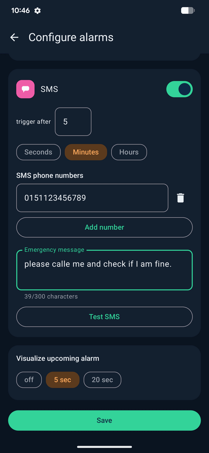 Alarmen instellen: sms-alarm met telefoonnummers, noodbericht en voorwaarschuwingstijd