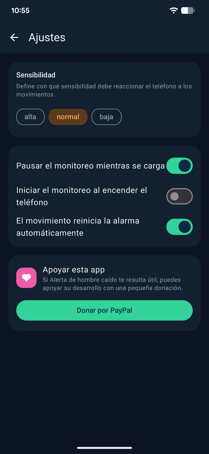 Ajustes de la app: sensibilidad de detección de movimiento y opciones de carga e inicio