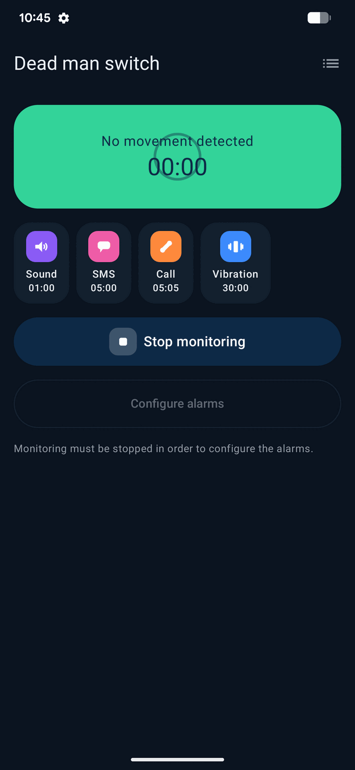 Dodemansknop-app: hoofdscherm met ‘Geen beweging gedetecteerd’ en de vier alarmsoorten trillen, geluid, sms en oproep